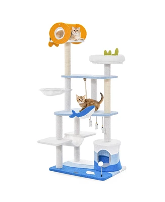 Slickblue Multi-level Ocean-themed Cat Tree Tower with Sisal Covered Scratching Posts-Blue