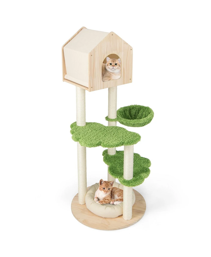 Slickblue 55 Inch Tall Cat Climbing Stand with Sisal Scratching Posts and Soft Cat Bed for Indoor Kittens-Green