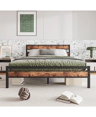 Simplie Fun Rustic Wood Headboard Platform Bed Frame