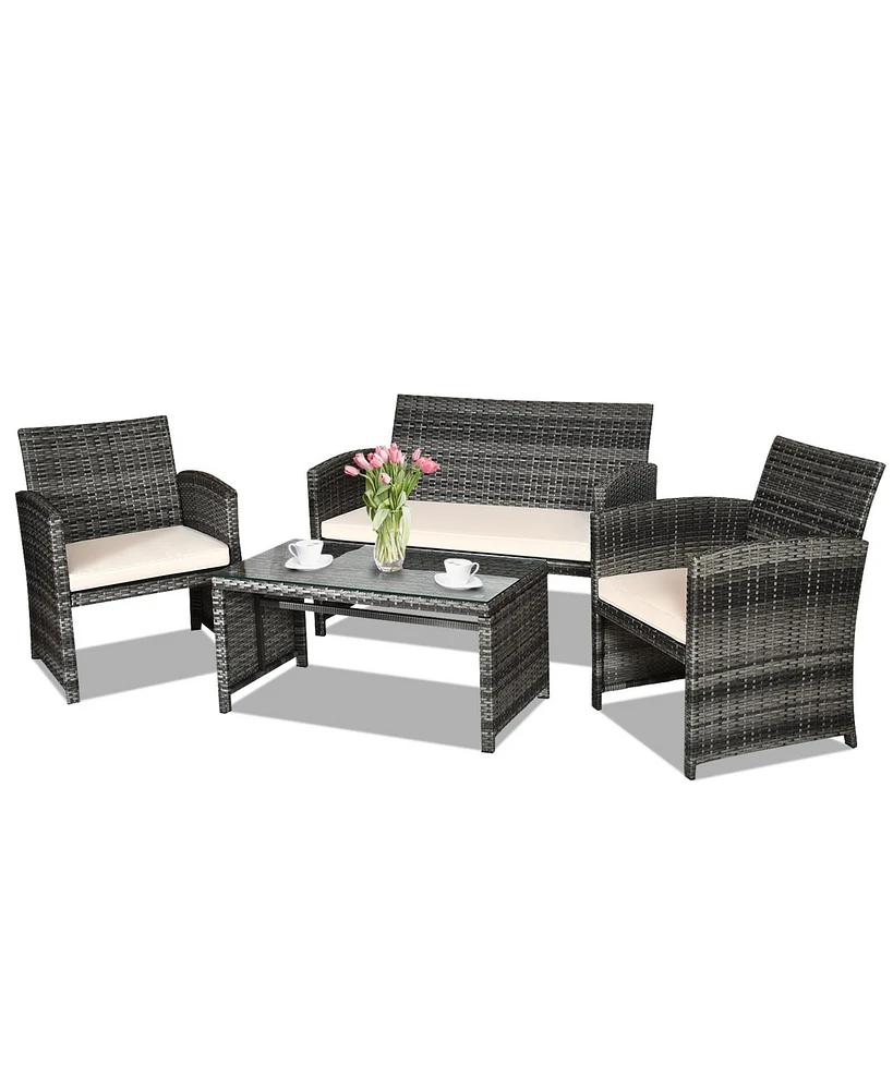 Sugift 4 Pieces Patio Rattan Furniture Set with Glass Table and Loveseat