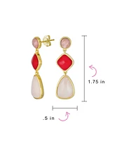 Bling Jewelry Unique Long Round Square Teardrop Shape 3 Multi-Tier Summer Party Red Peach Pink Synthetic Quartz Dangling Earrings Gold Plated