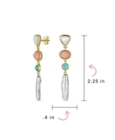 Bling Jewelry Modern Tri Tone Pastel Pink Green s Geometric Thin Long White Freshwater Cultured Baroque Pearl Dangle Earrings Gold Plated