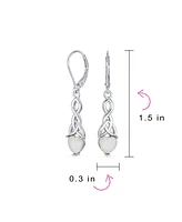 Bling Jewelry White Heart Shaped Synthetic Opal Love Knot Dangle Irish Celtic Earrings For Women Lever back Sterling Silver 1.5 Inch Long