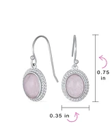 Bling Jewelry Western Style Natural Pink Quartz Milgrain Cable Edge Oval Drop Earrings For Women Sterling Silver Wire Fish Hook