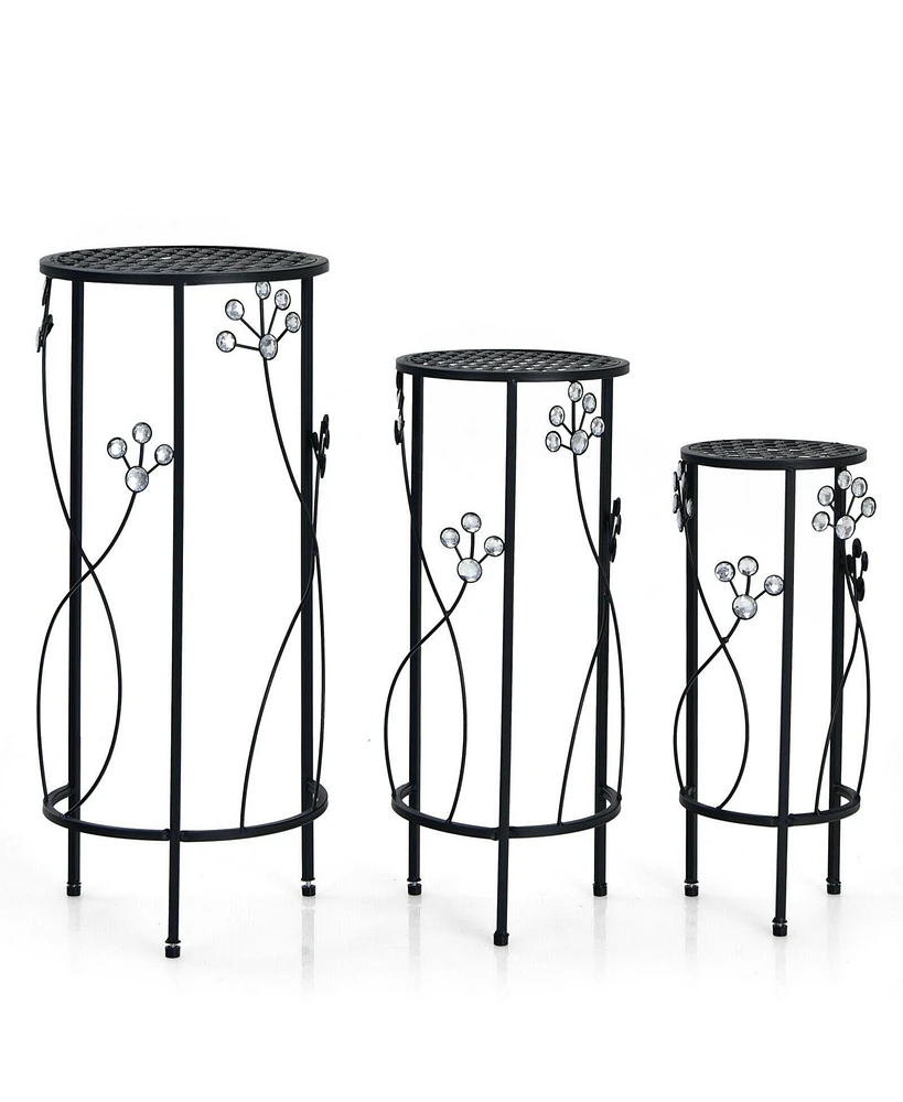 Sugift 3 Pieces Metal Plant Stand Set with Crystal Floral Accents Round