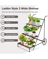 3-Tier Metal Plant Stand with Wheels and Handle for Balcony