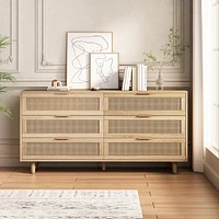 59.06"6-Drawers Rattan Storage Cabinet Rattan Drawer, For Bedroom, Living Room, Natural