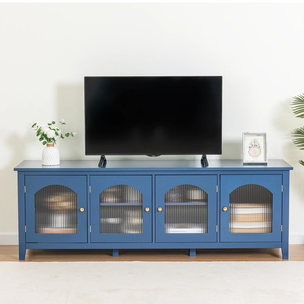 Streamdale Furniture 71" Stylish Tv Cabinet in Antique Blue, Solid Wood Frame, Glass Door & Metal Handle