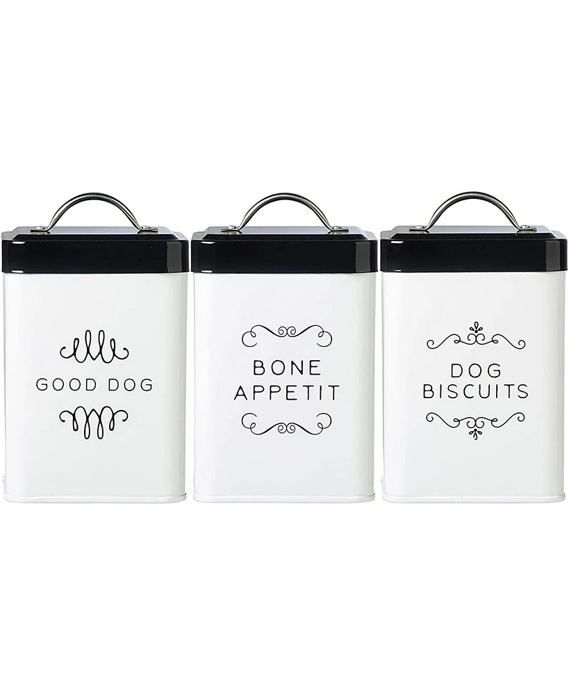 Amici Pet Sparky Metal Storage Treats Canister, 36 oz., Set of 3, Bone Appetit, Dog Biscuits & Good Dog, White & Black Push Top Lid