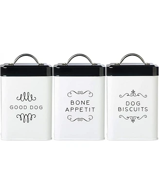 Amici Pet Sparky Metal Storage Treats Canister, 36 oz., Set of 3, Bone Appetit, Dog Biscuits & Good Dog, White & Black Push Top Lid