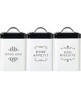 Amici Pet Sparky Metal Storage Treats Canister, 36 oz., Set of 3, Bone Appetit, Dog Biscuits & Good Dog, White & Black Push Top Lid