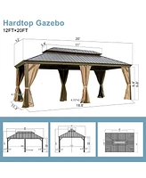 Mondawe 12x20ft Hardtop Gazebo, Outdoor Aluminum Frame Canopy with Galvanized Steel Double Roof, Outdoor Permanent Metal Pavilion with Curtains and Ne