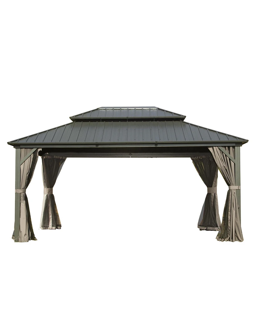 Mondawe 12ft X 14ft Outdoor Hardtop Gazebo with Netting & Curtains, Outdoor Aluminum Pavilion with Galvanized Steel Double Roof for Patio Lawn and Gar