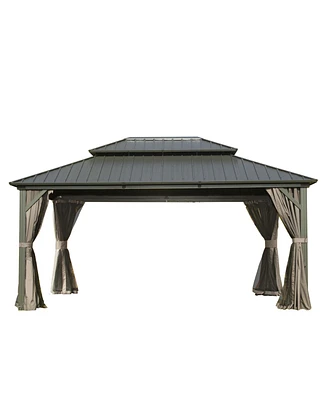 Mondawe 12ft X 14ft Outdoor Hardtop Gazebo with Netting & Curtains, Outdoor Aluminum Pavilion with Galvanized Steel Double Roof for Patio Lawn and Gar