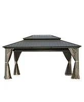 Mondawe 12ft X 14ft Outdoor Hardtop Gazebo with Netting & Curtains, Outdoor Aluminum Pavilion with Galvanized Steel Double Roof for Patio Lawn and Gar