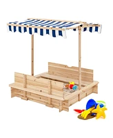 Gymax Kids Wooden Sandbox with Canopy & Foldable Bench Seats