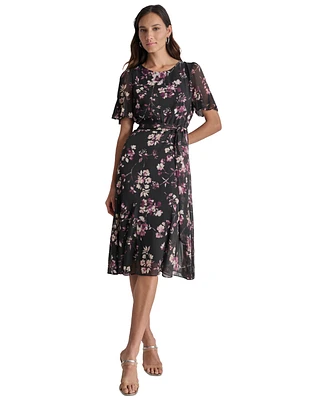 Dkny Women's Floral Flutter-Sleeve Belted Dress