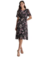 Dkny Women's Floral Flutter-Sleeve Belted Dress