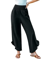 Cupshe Women's Black Smocked Waist Straight Leg Ruffle Pants