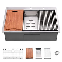 Streamdale Furniture Stainless Steel 30 In 2-Hole Single Bowl Drop-In Workstation Kitchen Sink With Bottom Grid