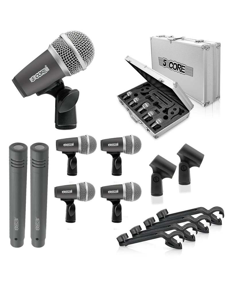 5 Core 9 Piece Drum Microphone Kit Wired Dynamic Xlr Mics Kick Bass Tom Snare Instrument and Cymbals Microphones Set for Drummers Includes Clip Insert