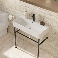 32" Bathroom Console Sink With Overflow, Ceramic Console Sink White Basin Black Legs