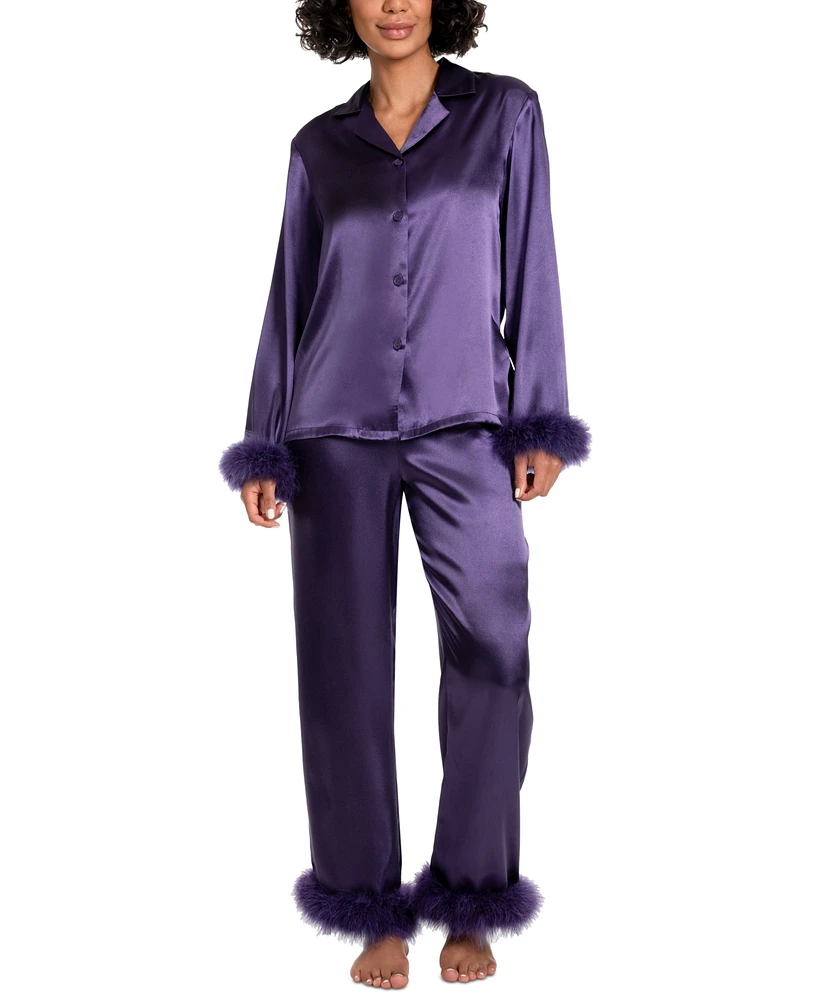 Linea Donatella Women's Marabou Feather Satin Pajama Set