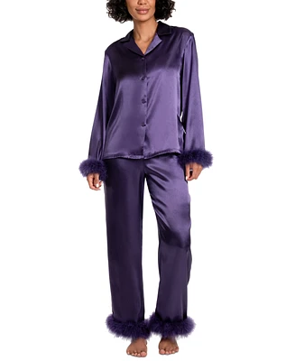 Linea Donatella Women's Marabou Feather Satin Pajama Set