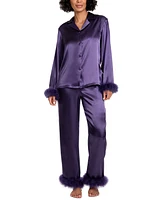 Linea Donatella Women's Marabou Feather Satin Pajama Set