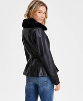 Guess Women's Faux-Fur-Trim Faux-Leather Asymmetric Belted Moto Jacket