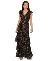 Adrianna Papell Women's Printed Flutter-Sleeve Tiered Gown