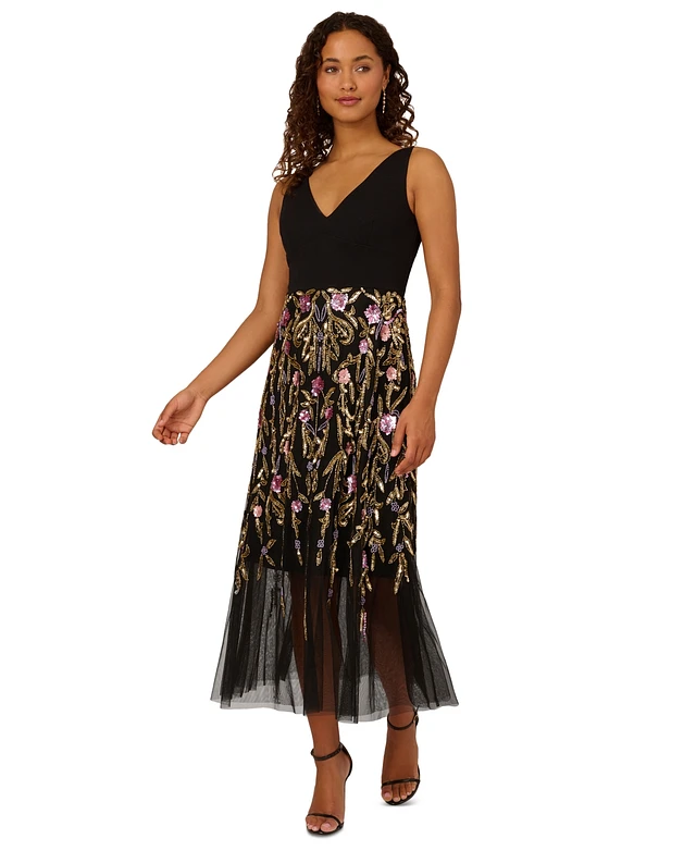 Adrianna Papell Women's V-Neck Embellished-Floral Dress | Dulles Town Center