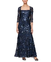 Alex Evenings Women's Sequin Embellished Square-Neck 3/4-Sleeve Gown