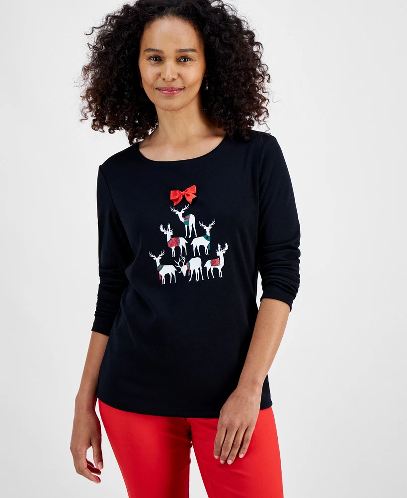 Holiday Lane Women's Deer Celebration Long-Sleeve Top, Created for Macy's