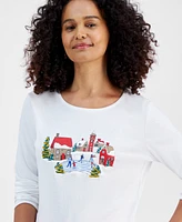 Holiday Lane Women's Winter Village Long-Sleeve Top, Created for Macy's