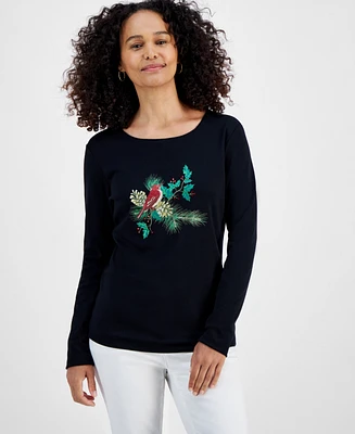 Holiday Lane Women's Cardinal Shine Long-Sleeve Top, Created for Macy's