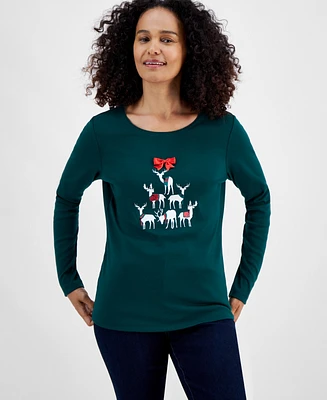 Holiday Lane Petite Deer Celebration Top, Created for Macy's