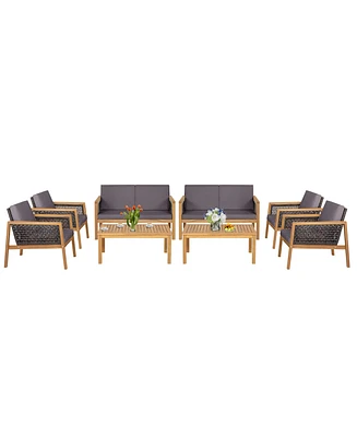 Costway 8PCS Patio Rattan Furniture Set Acacia Wood Cushioned Sofa