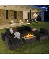 Costway 8PCS Patio Rattan Furniture Set Fire Pit Table Tank Holder Cover Deck