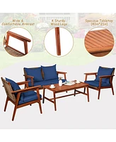 Costway 8PCS Patio Rattan Furniture Set Acacia Wood Frame Cushioned Sofa Chair Red