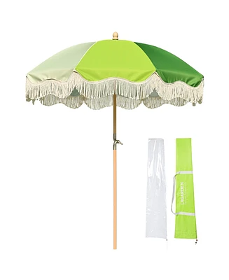 LAGarden 6Ft Fringe Patio Umbrella with Tassels & Carry Bag 50 / 60s Vintage Style Umbrella Wood Green,Model: PS6-04