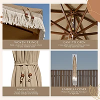 LAGarden 7' Patio Khaki Umbrella with Tassels UPF50+ Boho Style 5-Year-Non-Fading for Yard,Model:BH7W-10P