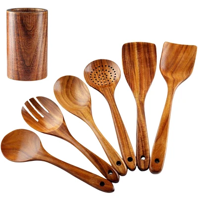 Zulay Kitchen 7-Piece Natural Teak Wooden Utensils for Cooking