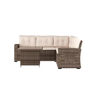 Merrick Lane Shelton Indoor/Outdoor L-Shaped Sofa/Dining Table Conversation Set With Wicker Rattan Construction And Weather-Resistant Cushions