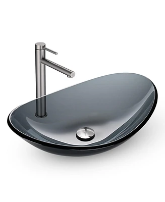 Aquaterior Oval Tempered Glass Vessel Sink w/ Bathroom Single-Hole Faucet Drain