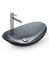 Aquaterior Oval Tempered Glass Vessel Sink w/ Bathroom Single-Hole Faucet Drain