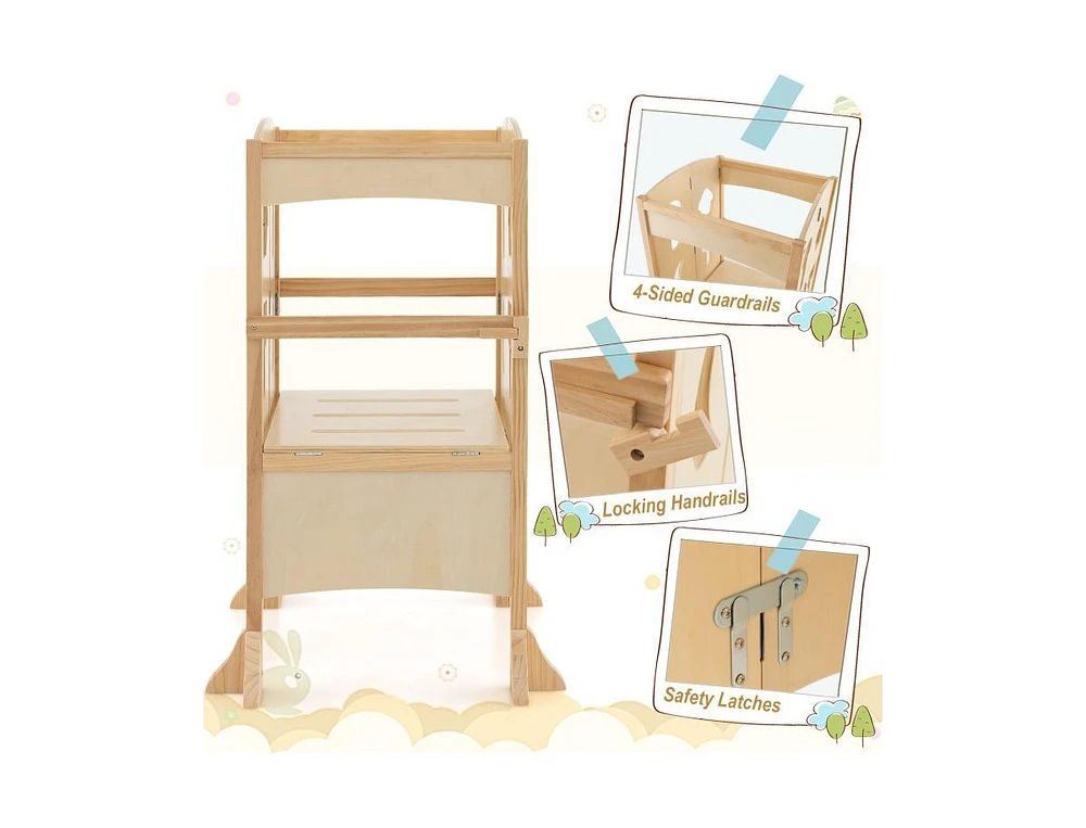 Slickblue Folding Wooden Step Stool with Lockable Safety Rail for Toddler 3+