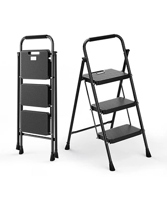 Slickblue Portable Folding 3 Step Ladder with Wide Anti-Slip Pedal and Convenient Handle-Black