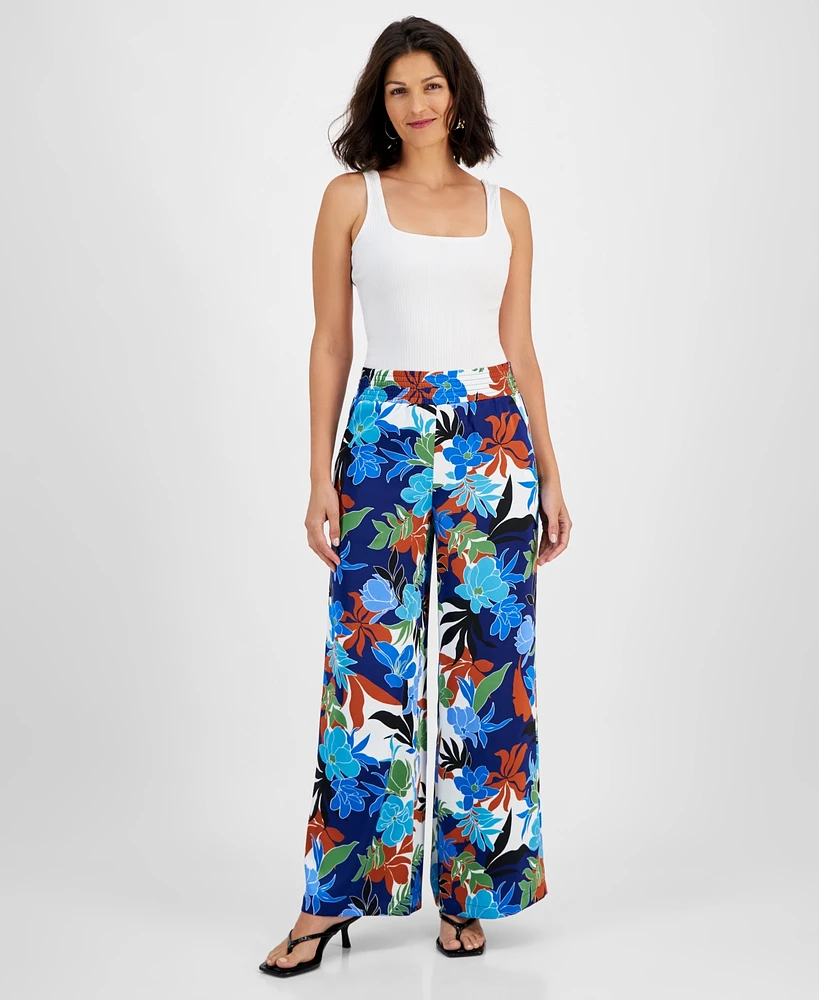 I.n.c. International Concepts Women's Floral-Print Wide-Leg Smocked-Waist Pants, Created for Macy's