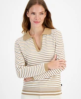 Nautica Jeans Women's Striped Johnny Collar Long-Sleeve Sweater